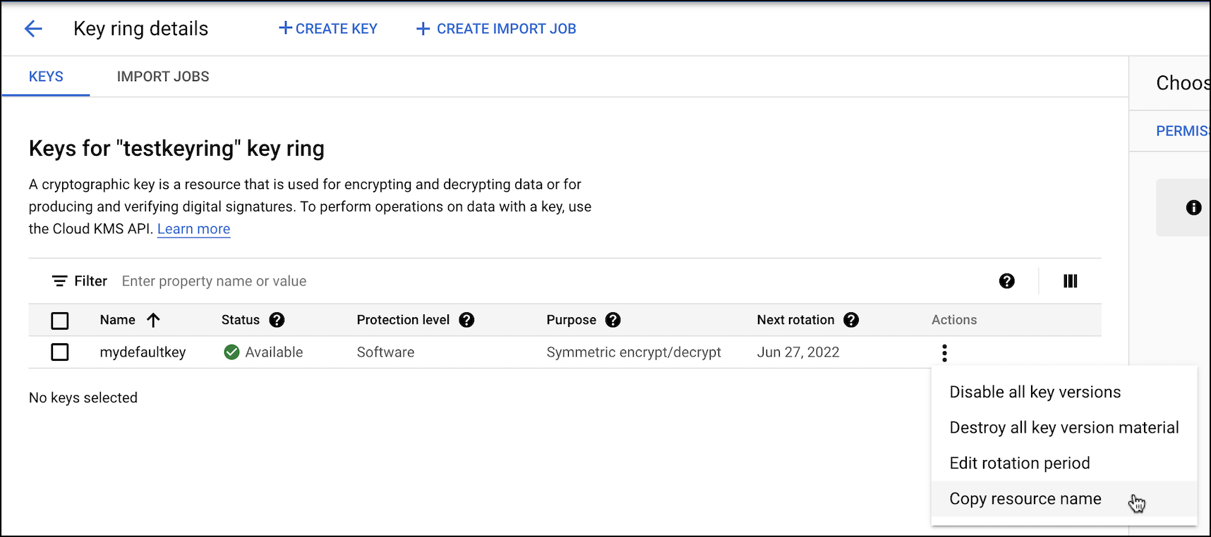 Google Cloud Key Management menu selecting Copy Resource Name option for a newly created key.