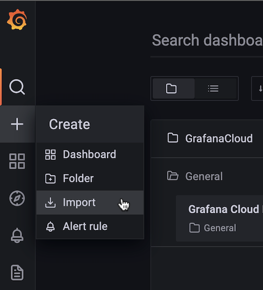 Grafana Cloud Create Import option is selected.