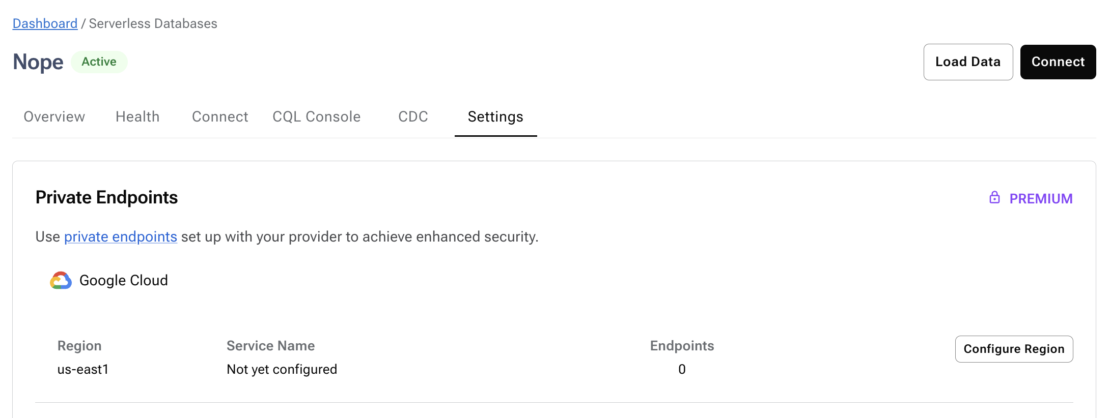 Astra DB console Settings tab with Private Endpoints section