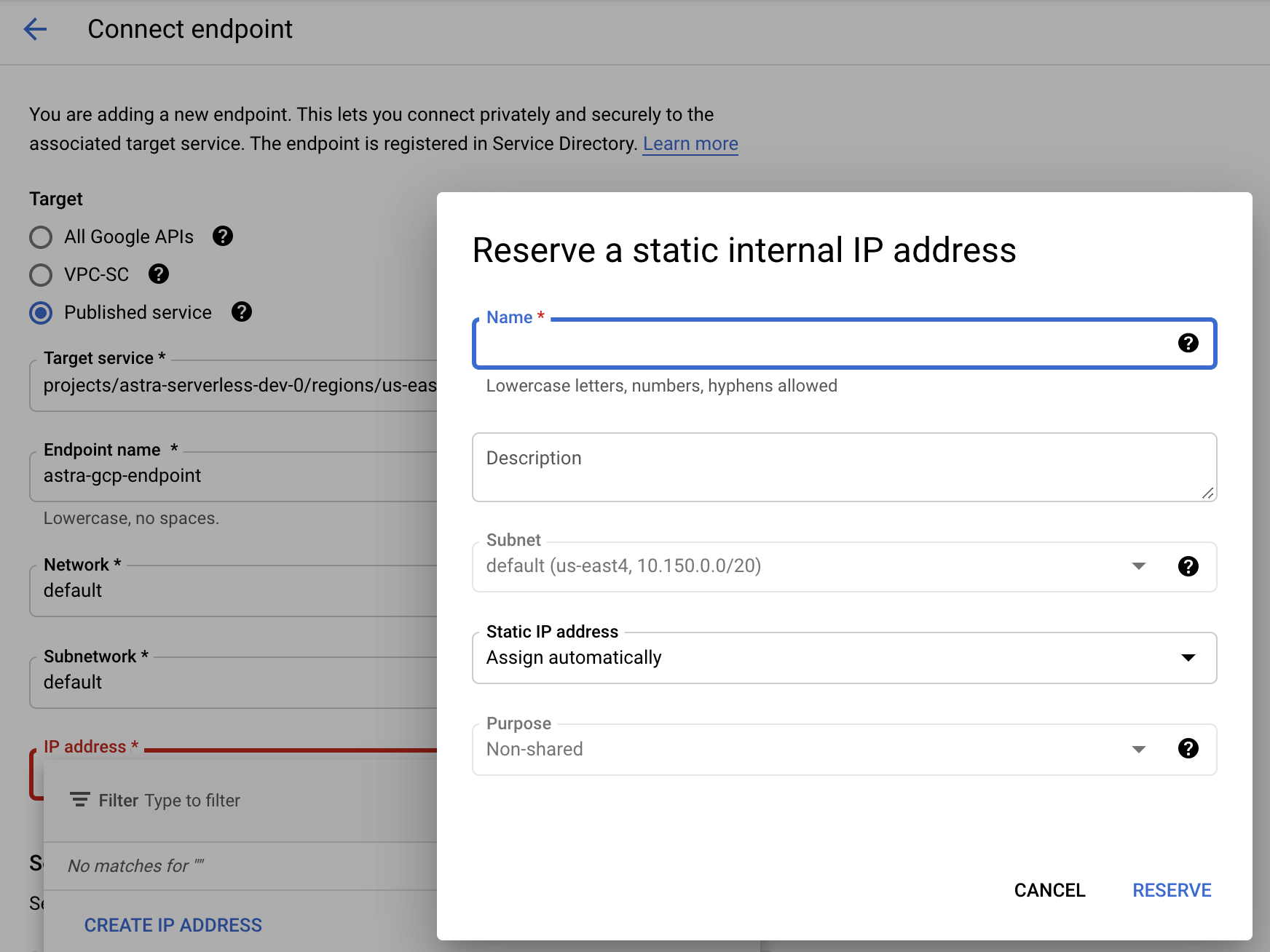 Google Cloud Connect Endpoint with Reserve Static IP Address dialog