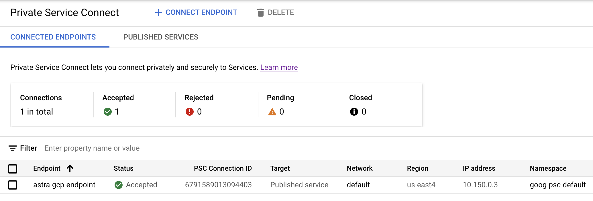 Google Cloud Private Service Connect added Endpoint example