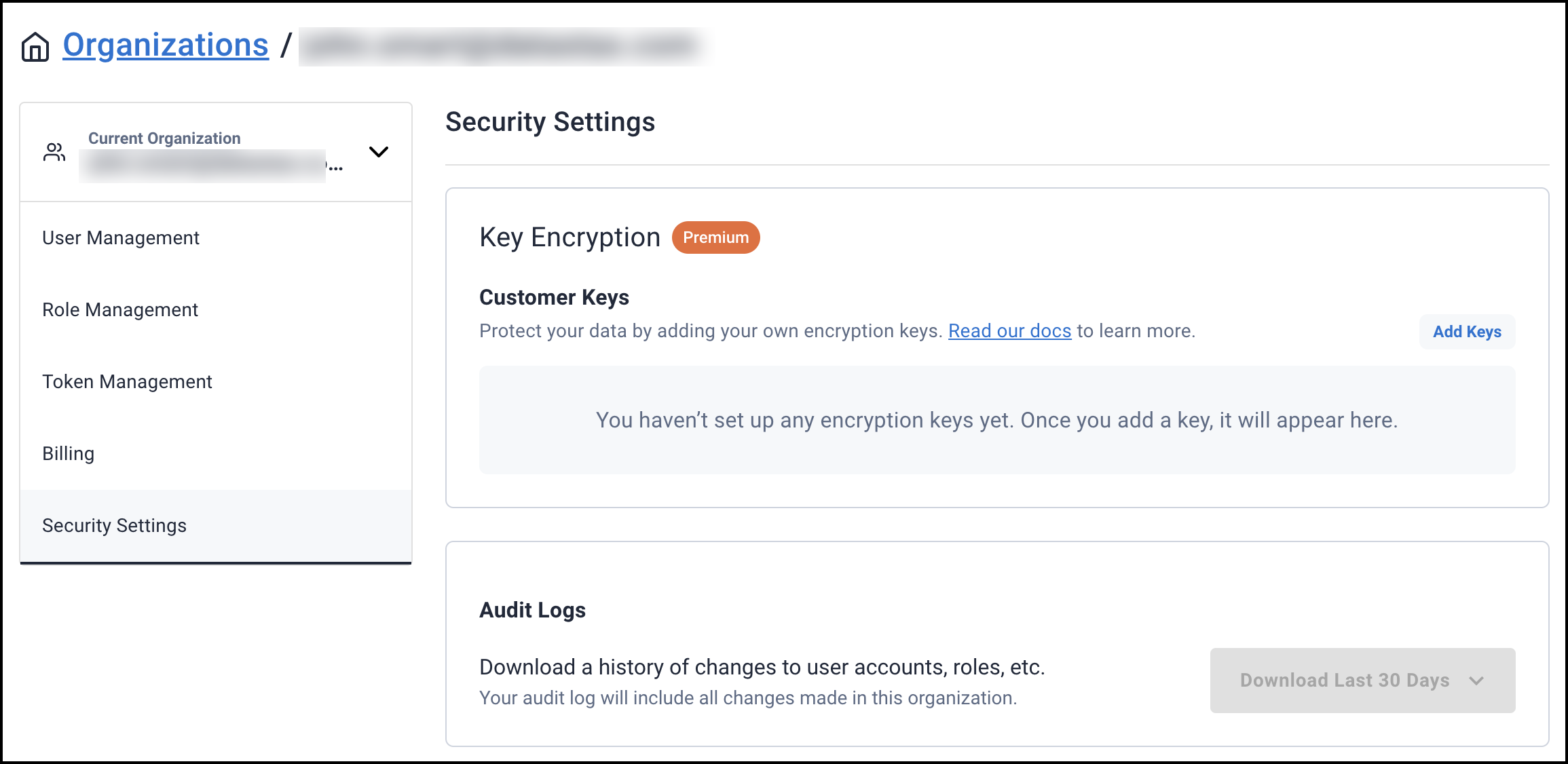 Astra DB console’s Security Settings and Key Encryption UI