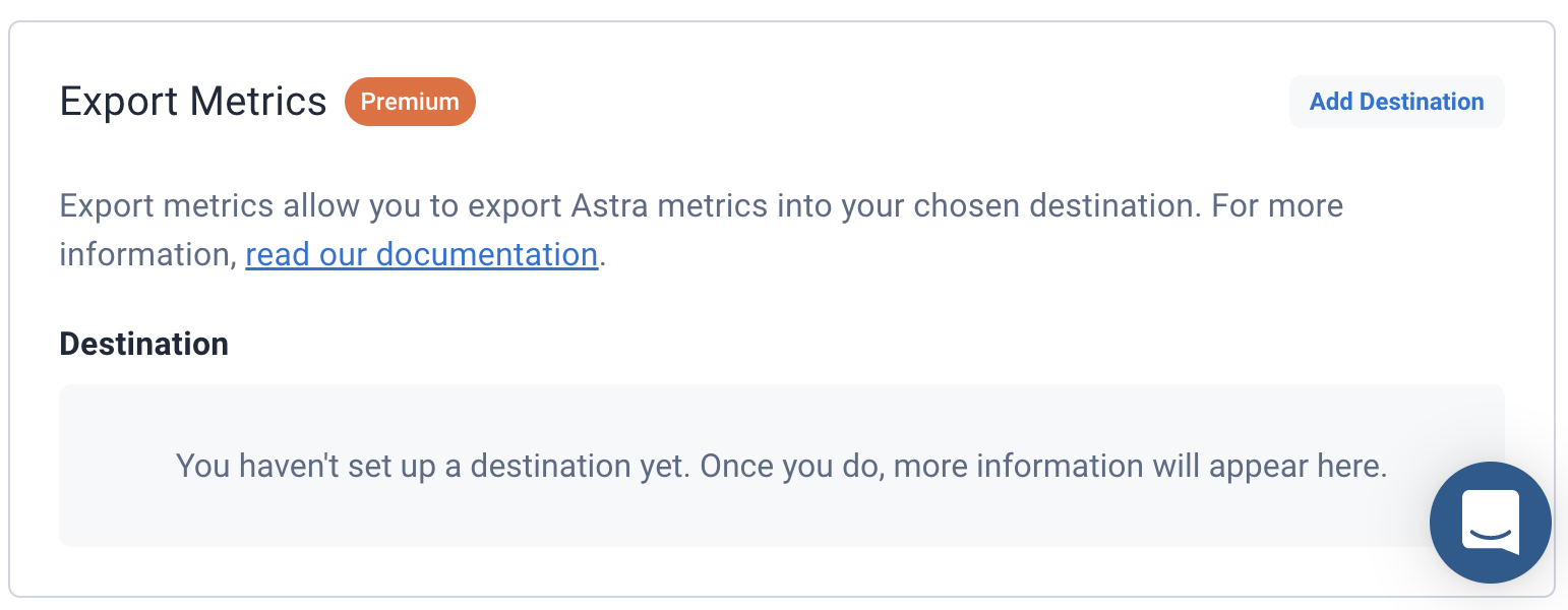 Astra DB Metrics initial export form.